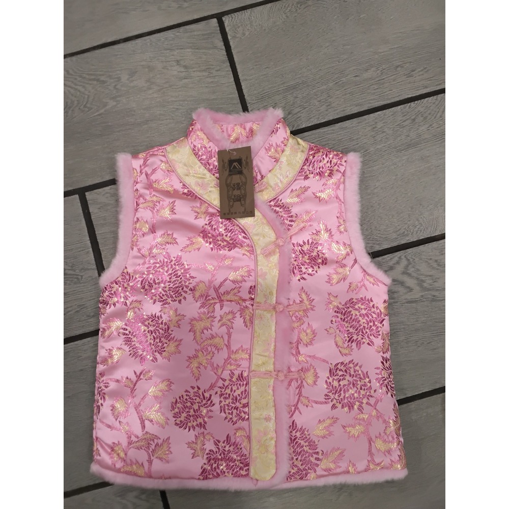 Kids Pink Floral Brocade Chinese Tang Suit Vest Faux Fur Trim Frog Button NEW